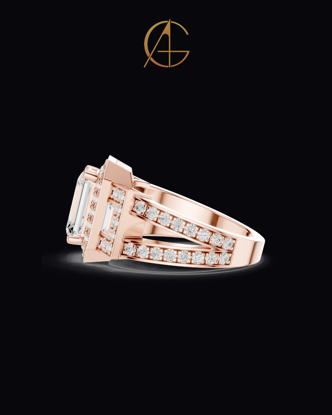 2.5 CT Iconic Statement Emerald Cut Center with Side Baguette Three Stone Double Halo Moissanite Diamond Ring