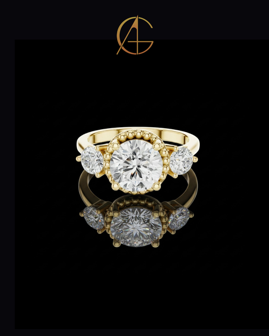 2.00 CT Captivating Round Cut Three Stone Moissanite Diamond Ring with Beaded Gold Halo Setting