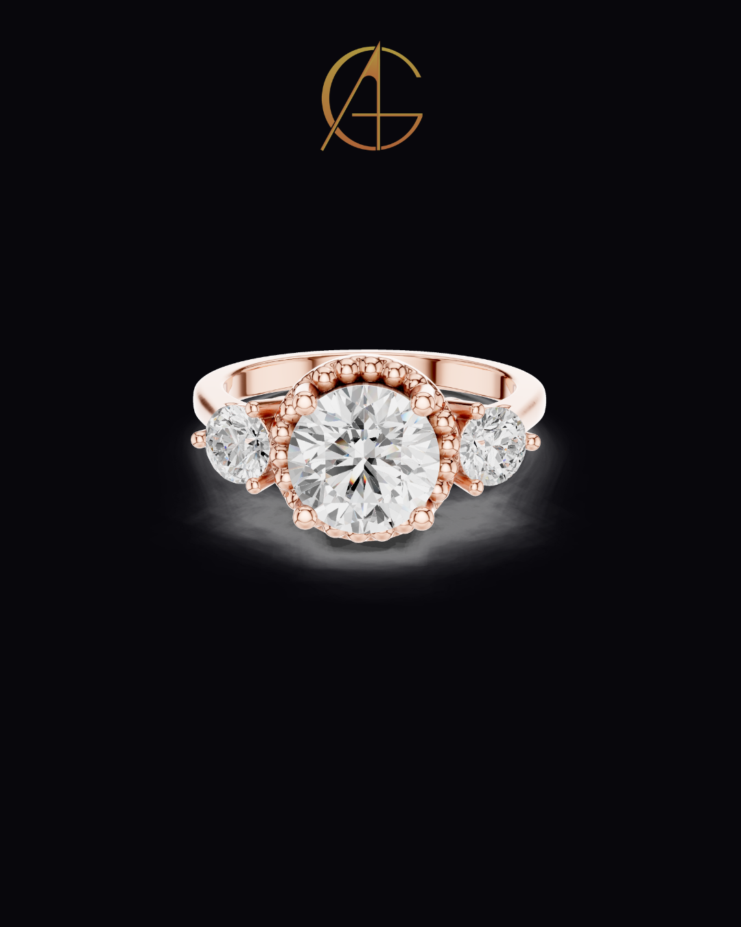 2.00 CT Captivating Round Cut Three Stone Moissanite Diamond Ring with Beaded Gold Halo Setting