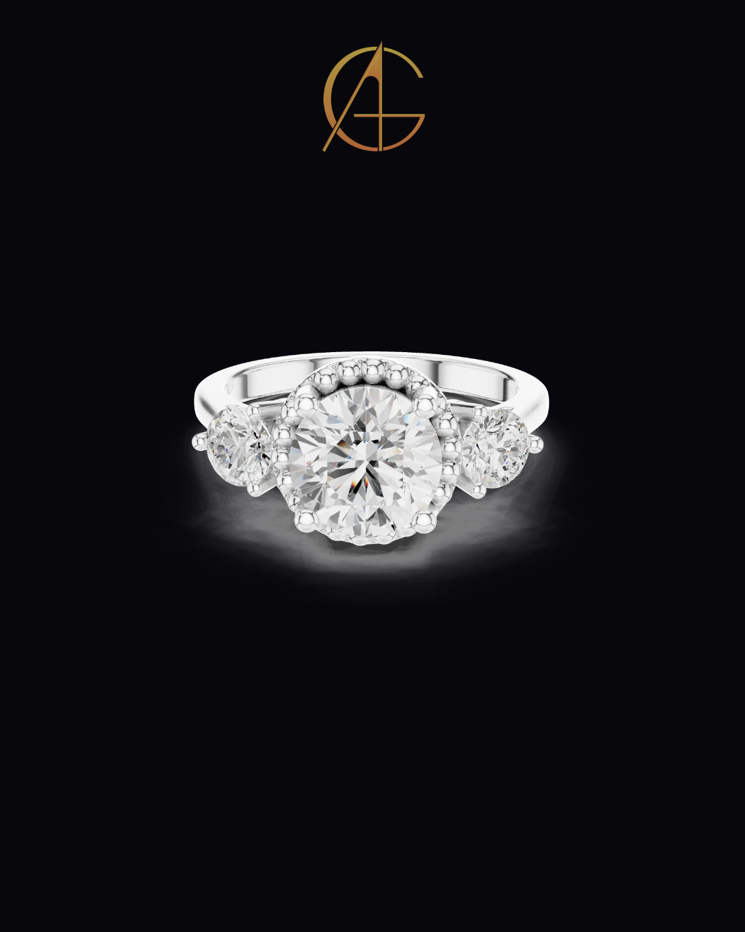 2.00 CT Captivating Round Cut Three Stone Moissanite Diamond Ring with Beaded Gold Halo Setting