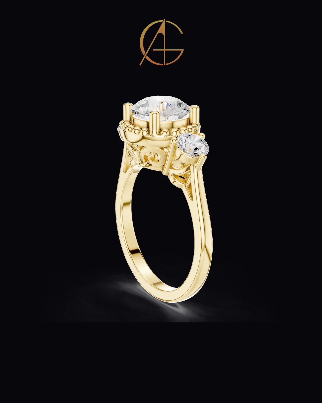 2.00 CT Captivating Round Cut Three Stone Moissanite Diamond Ring with Beaded Gold Halo Setting