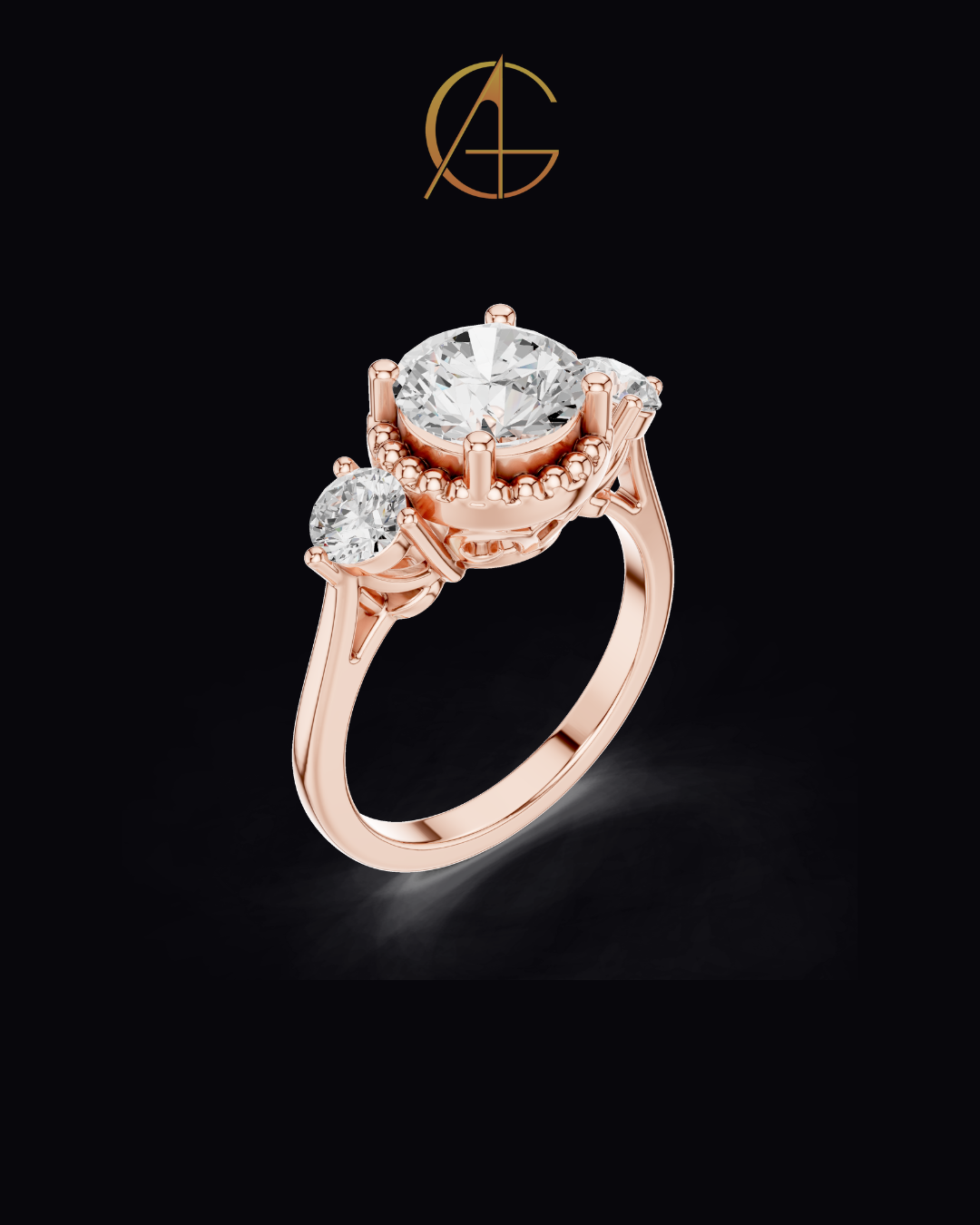 2.00 CT Captivating Round Cut Three Stone Moissanite Diamond Ring with Beaded Gold Halo Setting