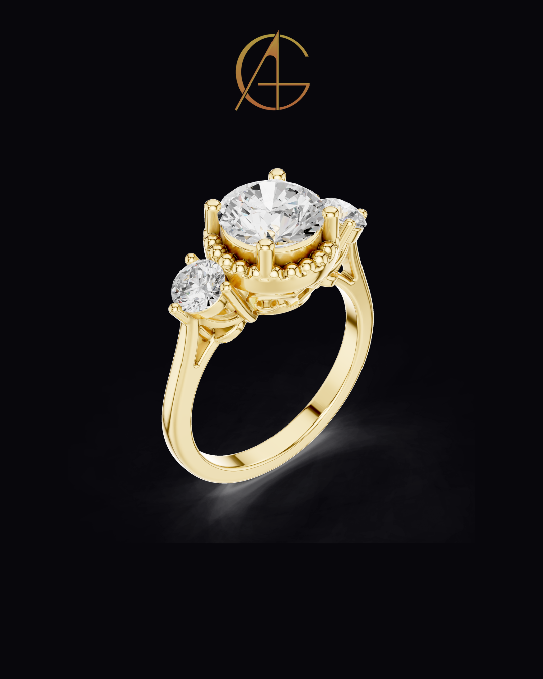 2.00 CT Captivating Round Cut Three Stone Moissanite Diamond Ring with Beaded Gold Halo Setting