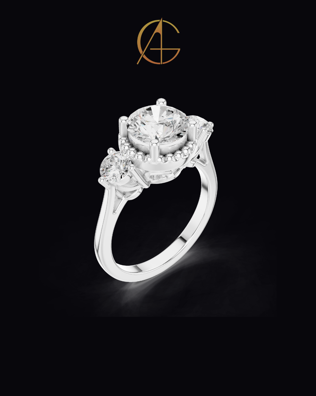 2.00 CT Captivating Round Cut Three Stone Moissanite Diamond Ring with Beaded Gold Halo Setting