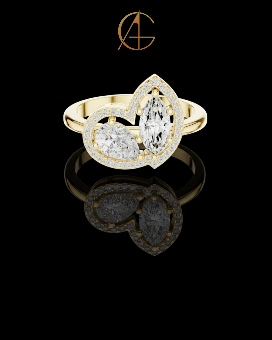 1.56 TCW Graceful Double Moissanite Diamond Halo Ring with Marquise and Pear Cut Centers