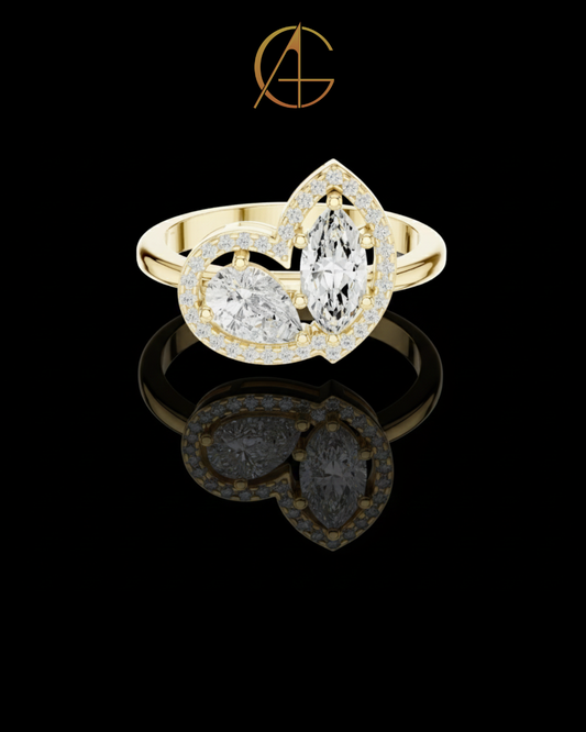1.56 TCW Graceful Double Moissanite Diamond Halo Ring with Marquise and Pear Cut Centers