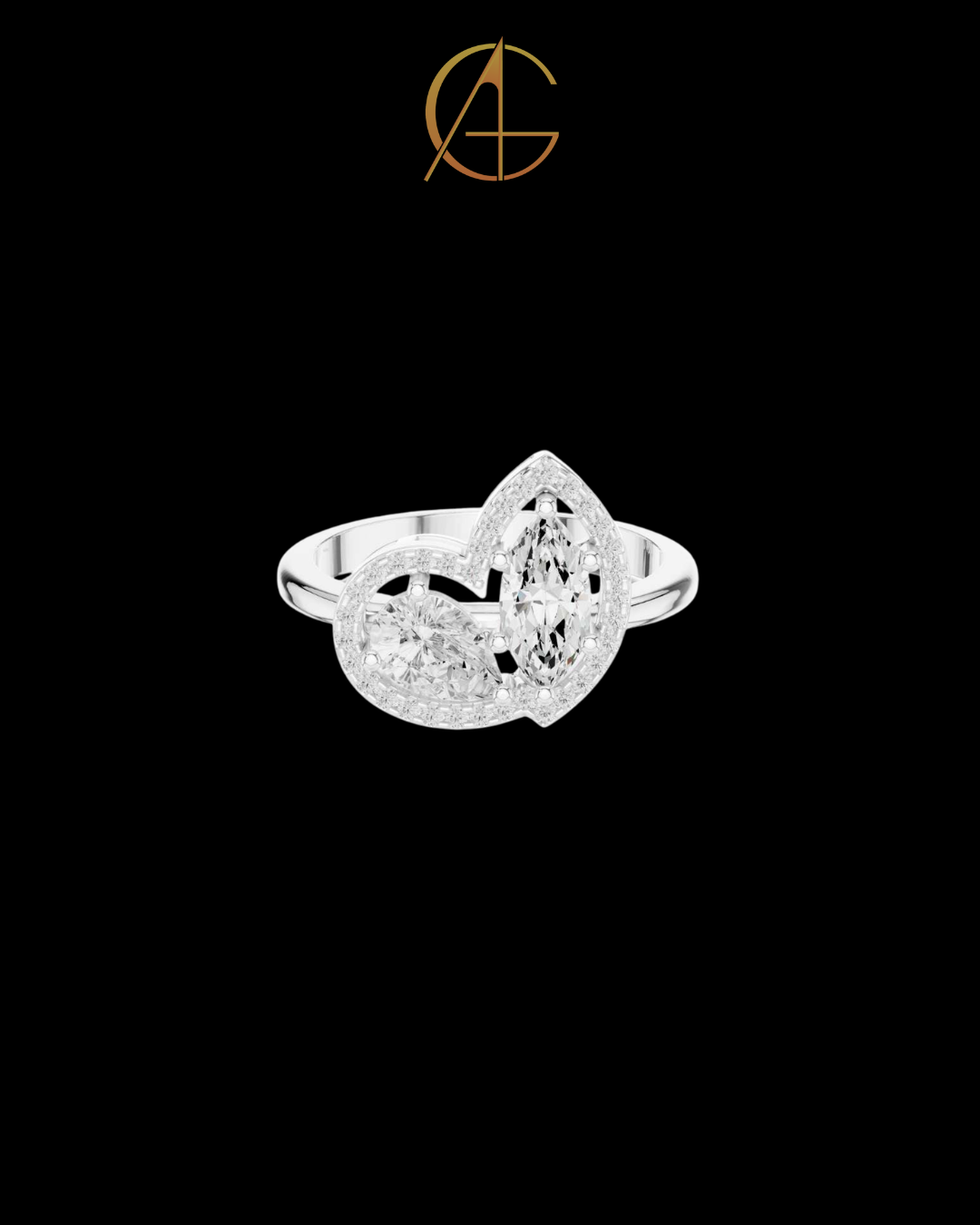 1.56 TCW Graceful Double Moissanite Diamond Halo Ring with Marquise and Pear Cut Centers