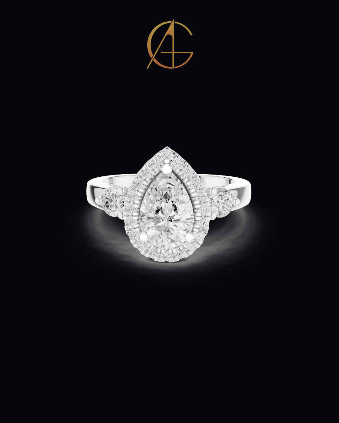 1.2 CT Exquisite Three Stone Pear Cut Moissanite Diamond Halo Ring with Round Side Stones Statement Ring