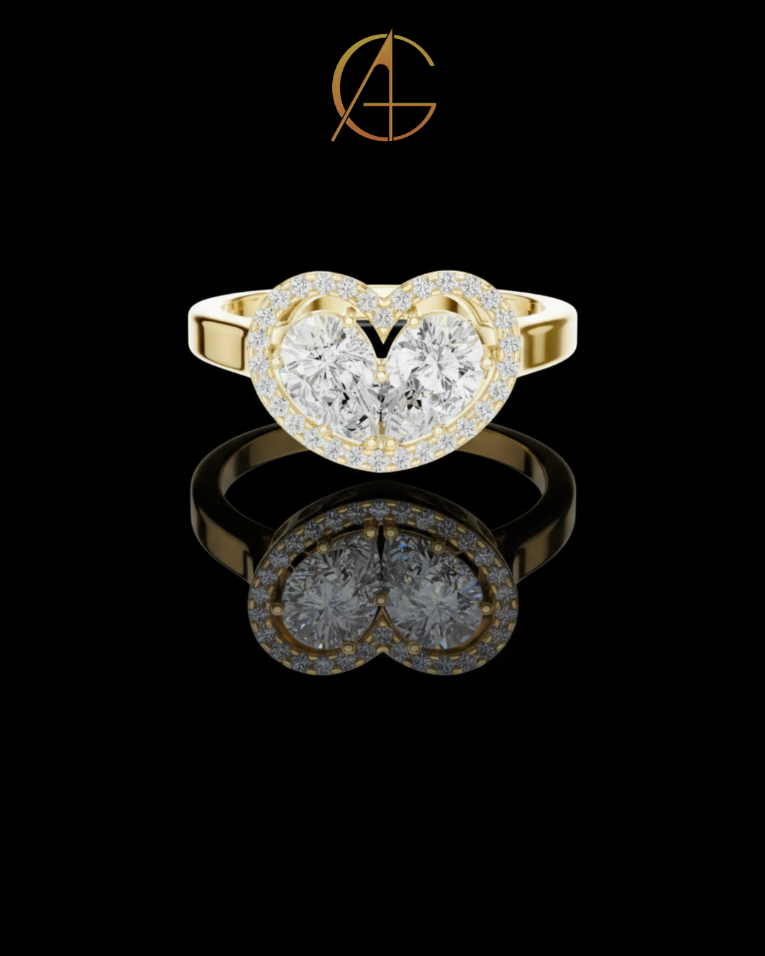 0.91 CT Unique Heart Shaped Moissanite Halo Ring with Twin Pear Diamonds and Pave Diamond Accents