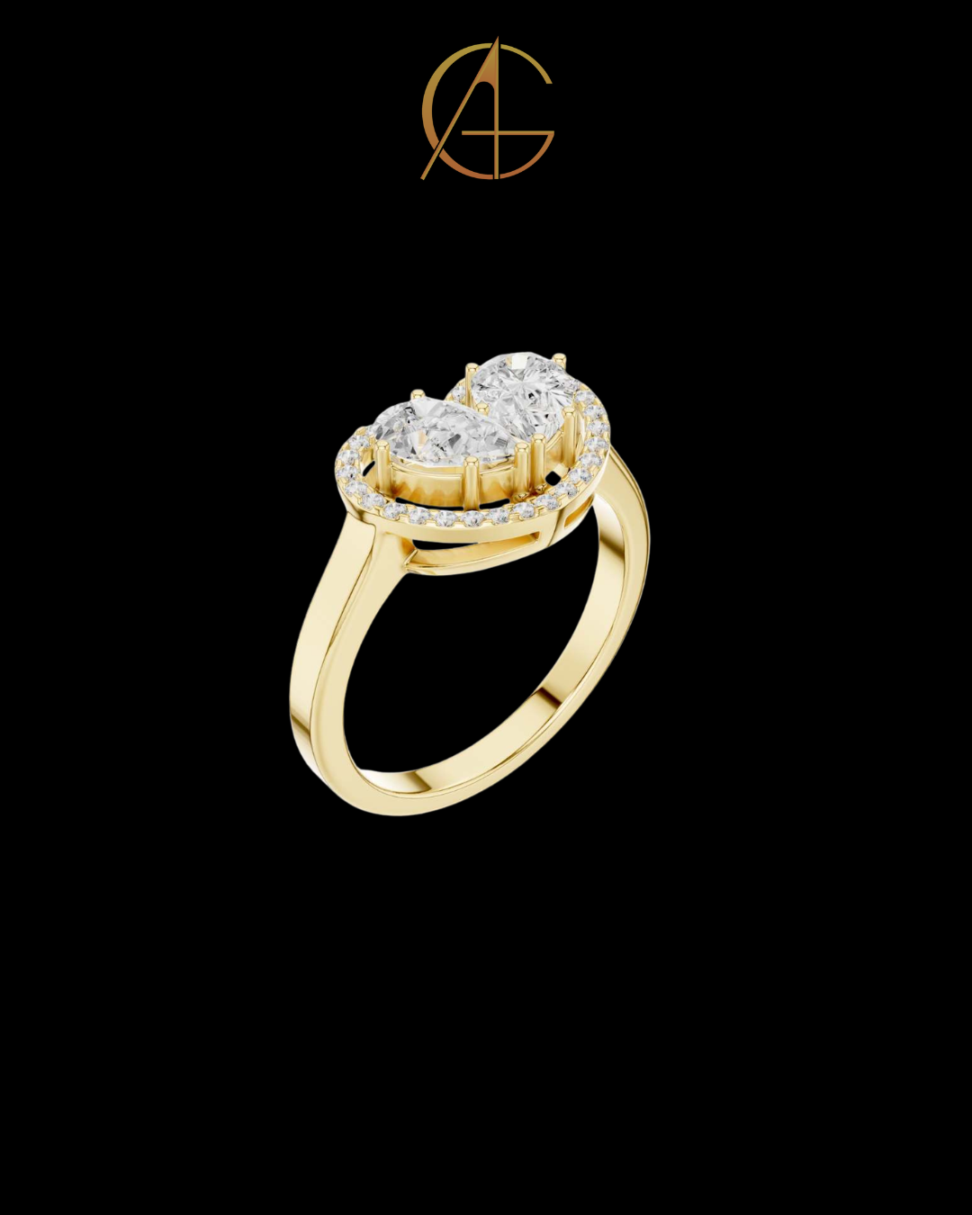 0.91 CT Unique Heart Shaped Moissanite Halo Ring with Twin Pear Diamonds and Pave Diamond Accents
