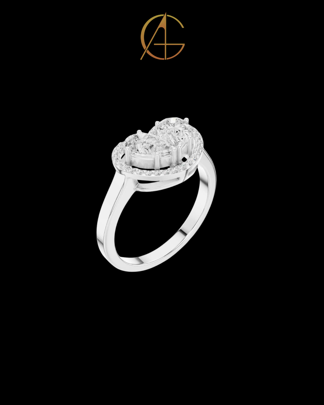 0.91 CT Unique Heart Shaped Moissanite Halo Ring with Twin Pear Diamonds and Pave Diamond Accents