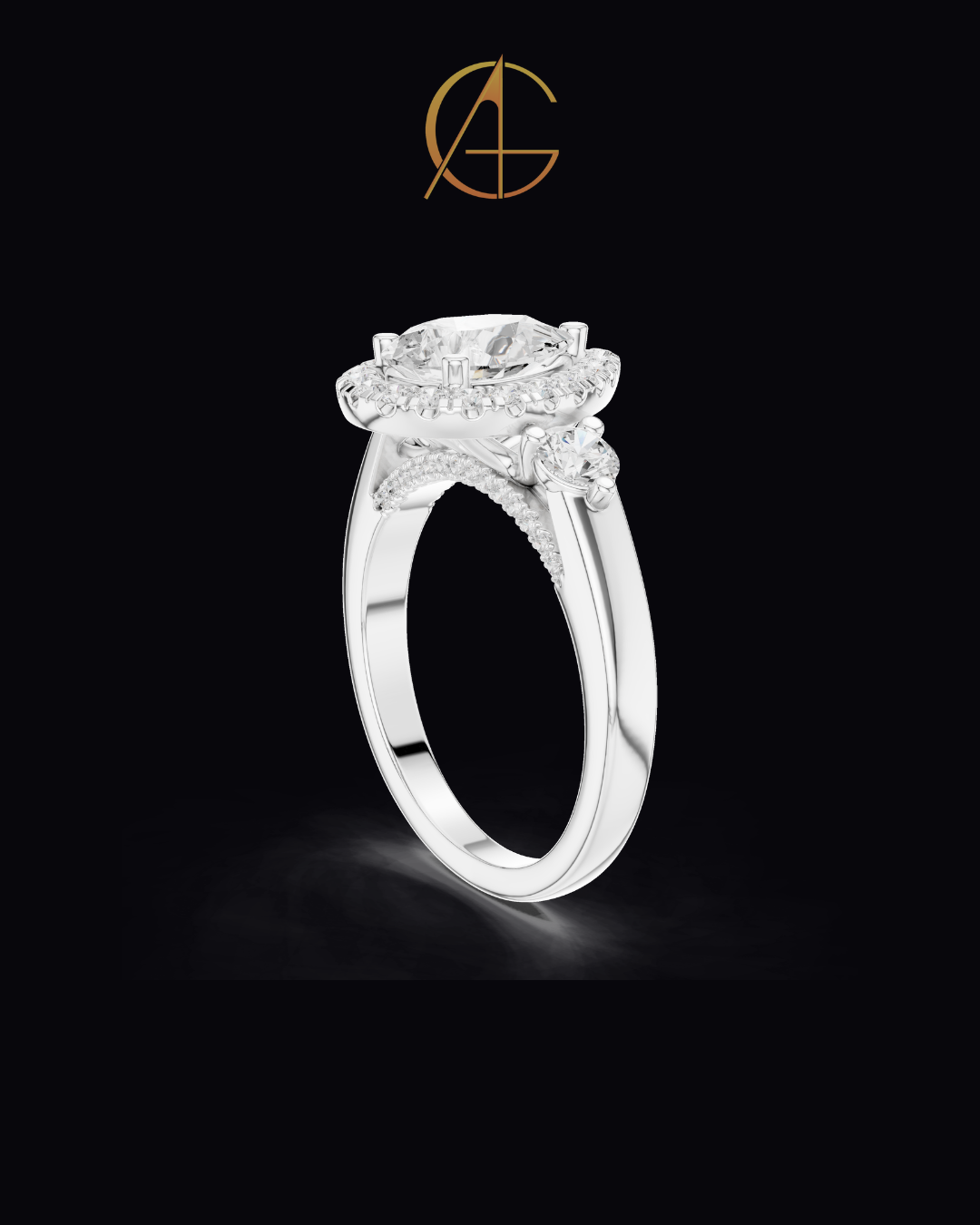 1.2 CT Exquisite Three Stone Pear Cut Moissanite Diamond Halo Ring with Round Side Stones Statement Ring