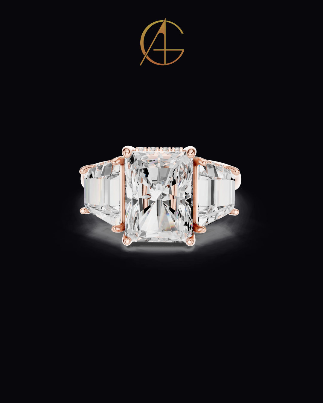 3.00 CT Bliss Radiant Cut Moissanite Three Stone Bold Centerpiece with Tapered Side Stones Ring