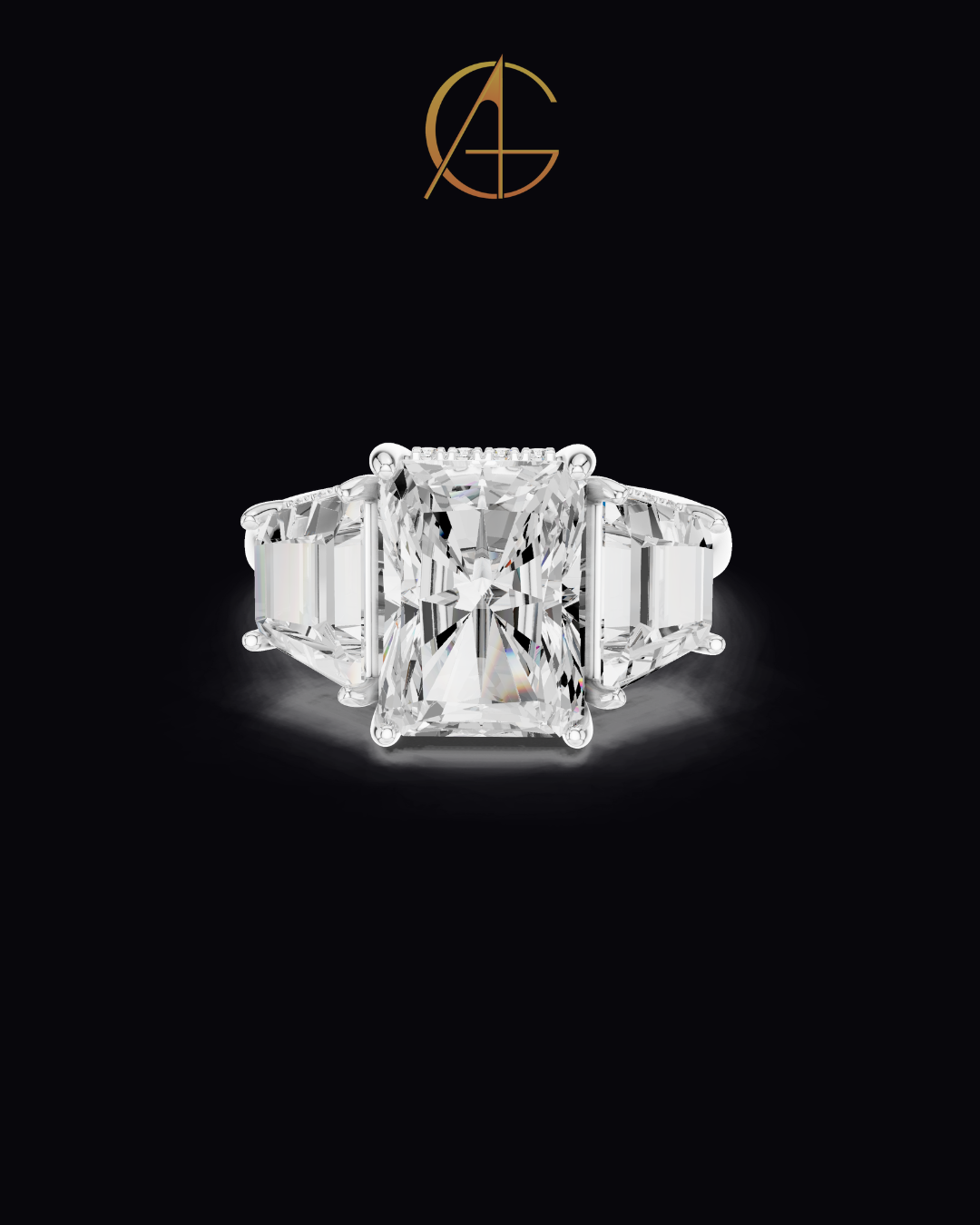 3.00 CT Bliss Radiant Cut Moissanite Three Stone Bold Centerpiece with Tapered Side Stones Ring