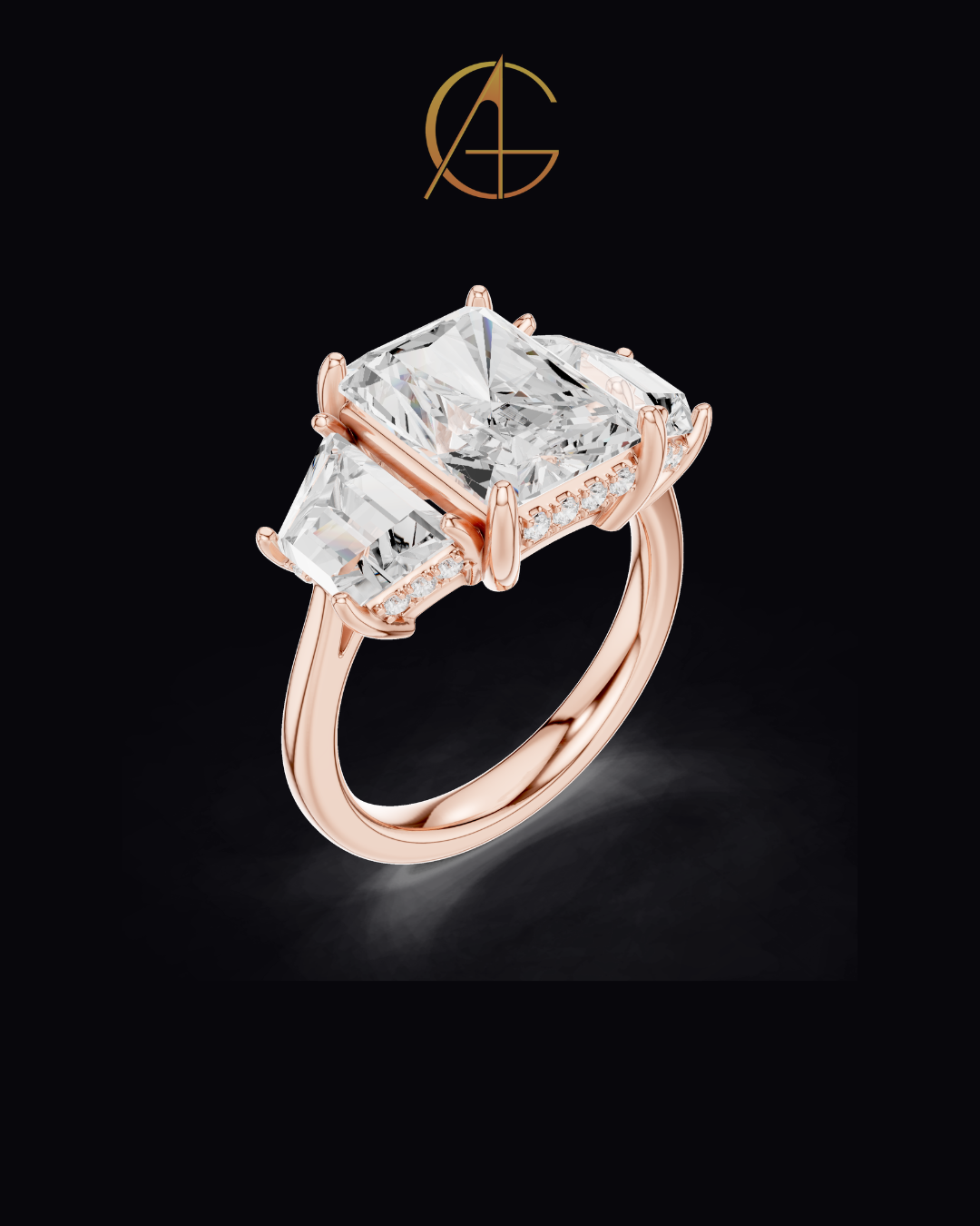 3.00 CT Bliss Radiant Cut Moissanite Three Stone Bold Centerpiece with Tapered Side Stones Ring