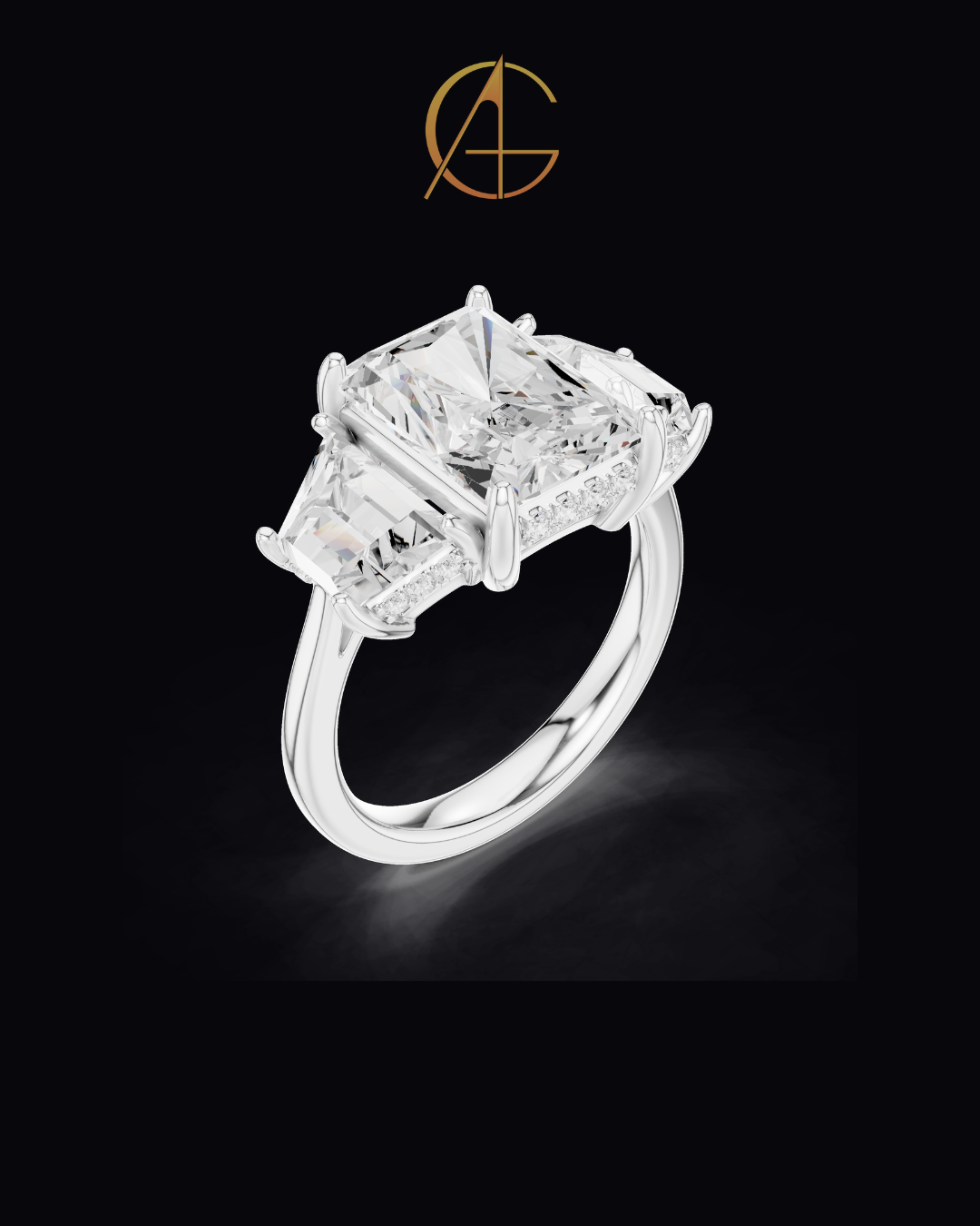 3.00 CT Bliss Radiant Cut Moissanite Three Stone Bold Centerpiece with Tapered Side Stones Ring