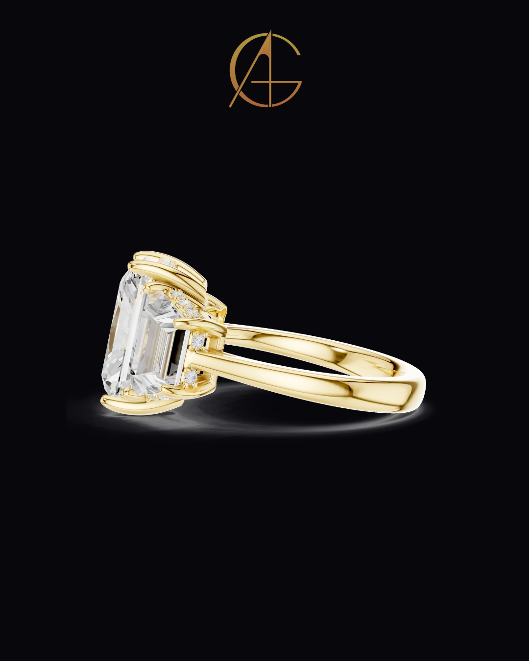3.00 CT Bliss Radiant Cut Moissanite Three Stone Bold Centerpiece with Tapered Side Stones Ring