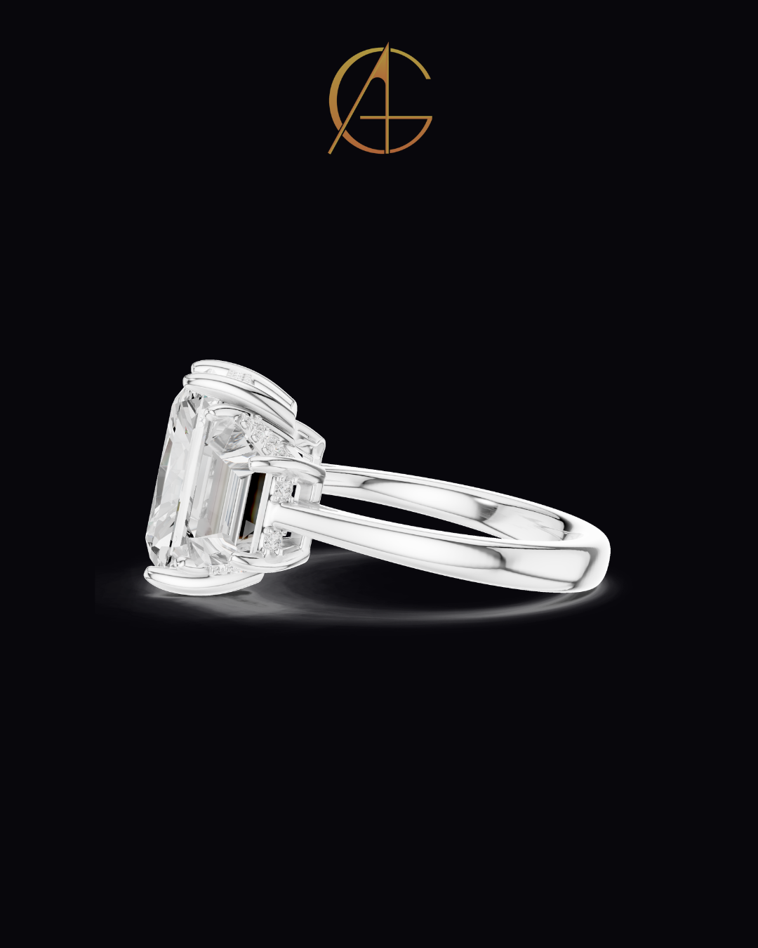 3.00 CT Bliss Radiant Cut Moissanite Three Stone Bold Centerpiece with Tapered Side Stones Ring