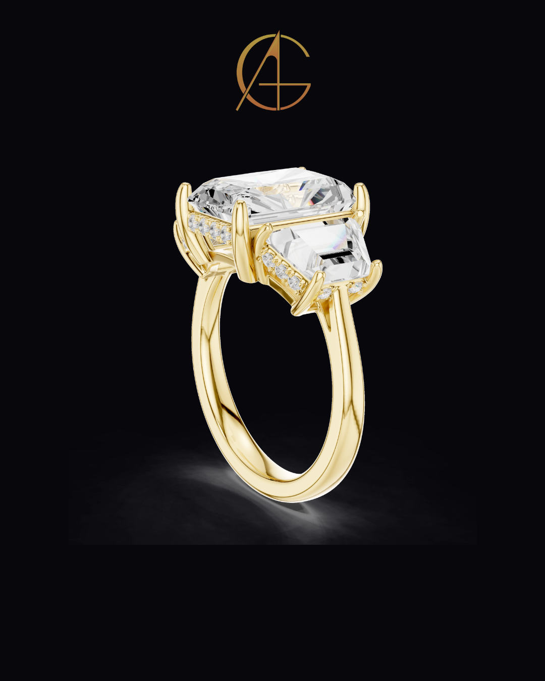 3.00 CT Bliss Radiant Cut Moissanite Three Stone Bold Centerpiece with Tapered Side Stones Ring