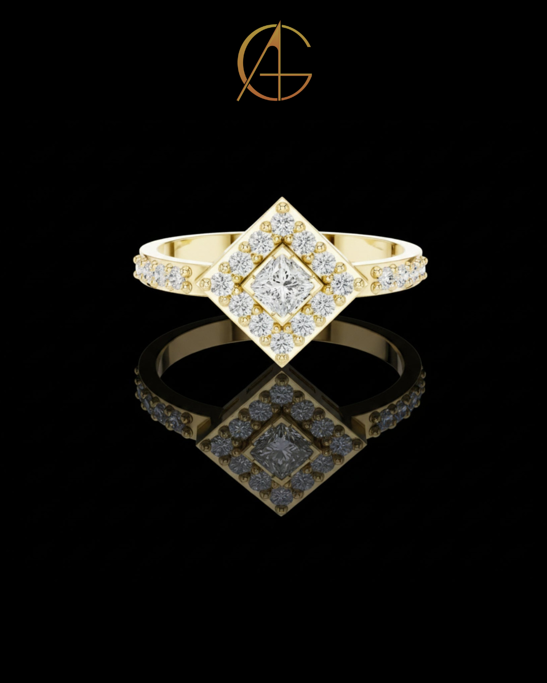 1.25 CT Stunning Princess Cut Square Halo Gold Cluster Moissanite Diamond Statement Design Ring