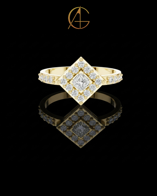 1.25 CT Stunning Princess Cut Square Halo Gold Cluster Moissanite Diamond Statement Design Ring