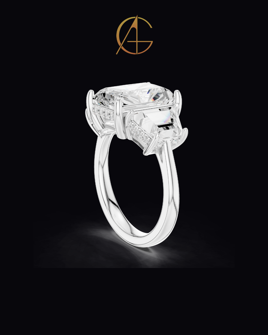 3.00 CT Bliss Radiant Cut Moissanite Three Stone Bold Centerpiece with Tapered Side Stones Ring