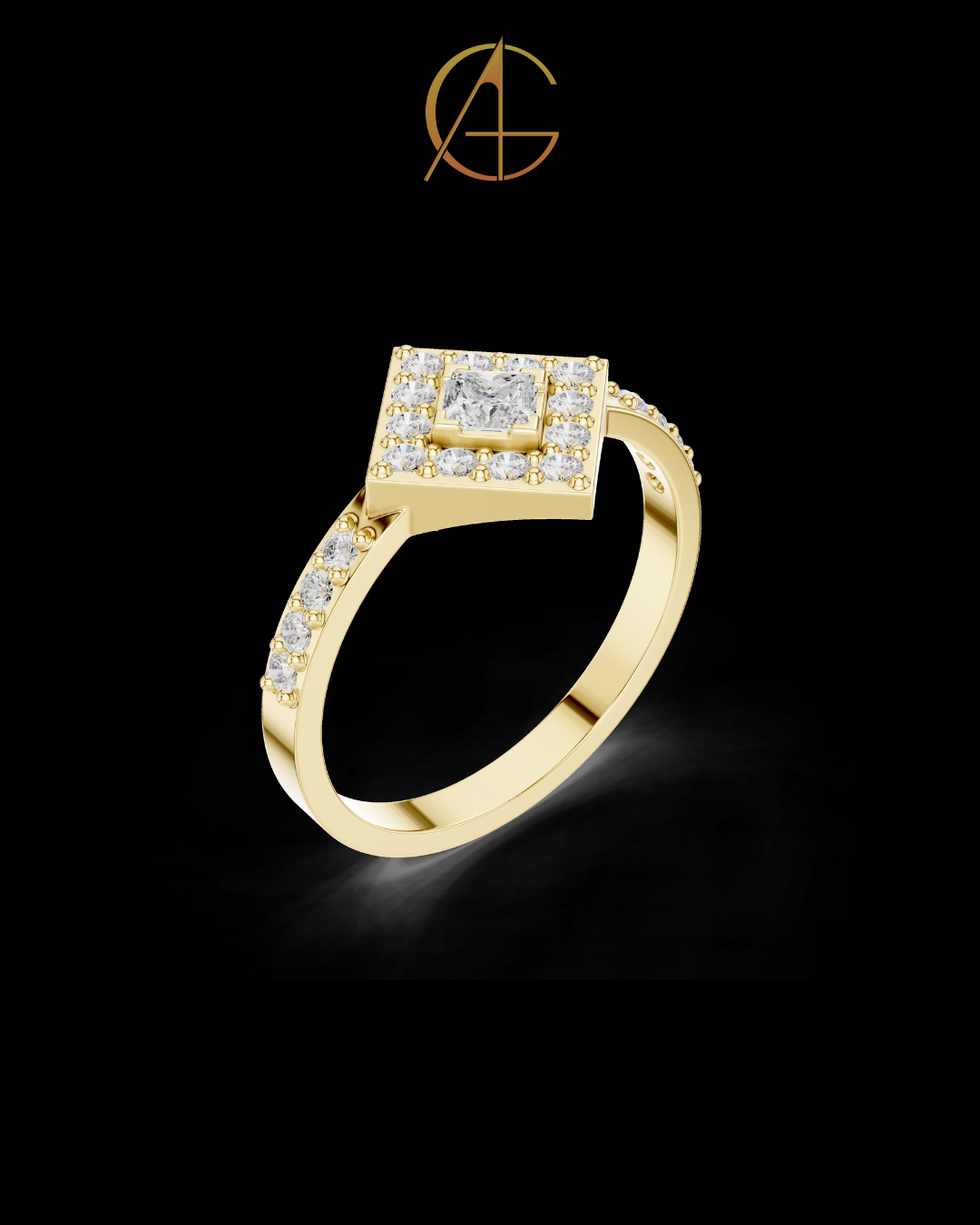 1.25 CT Stunning Princess Cut Square Halo Gold Cluster Moissanite Diamond Statement Design Ring