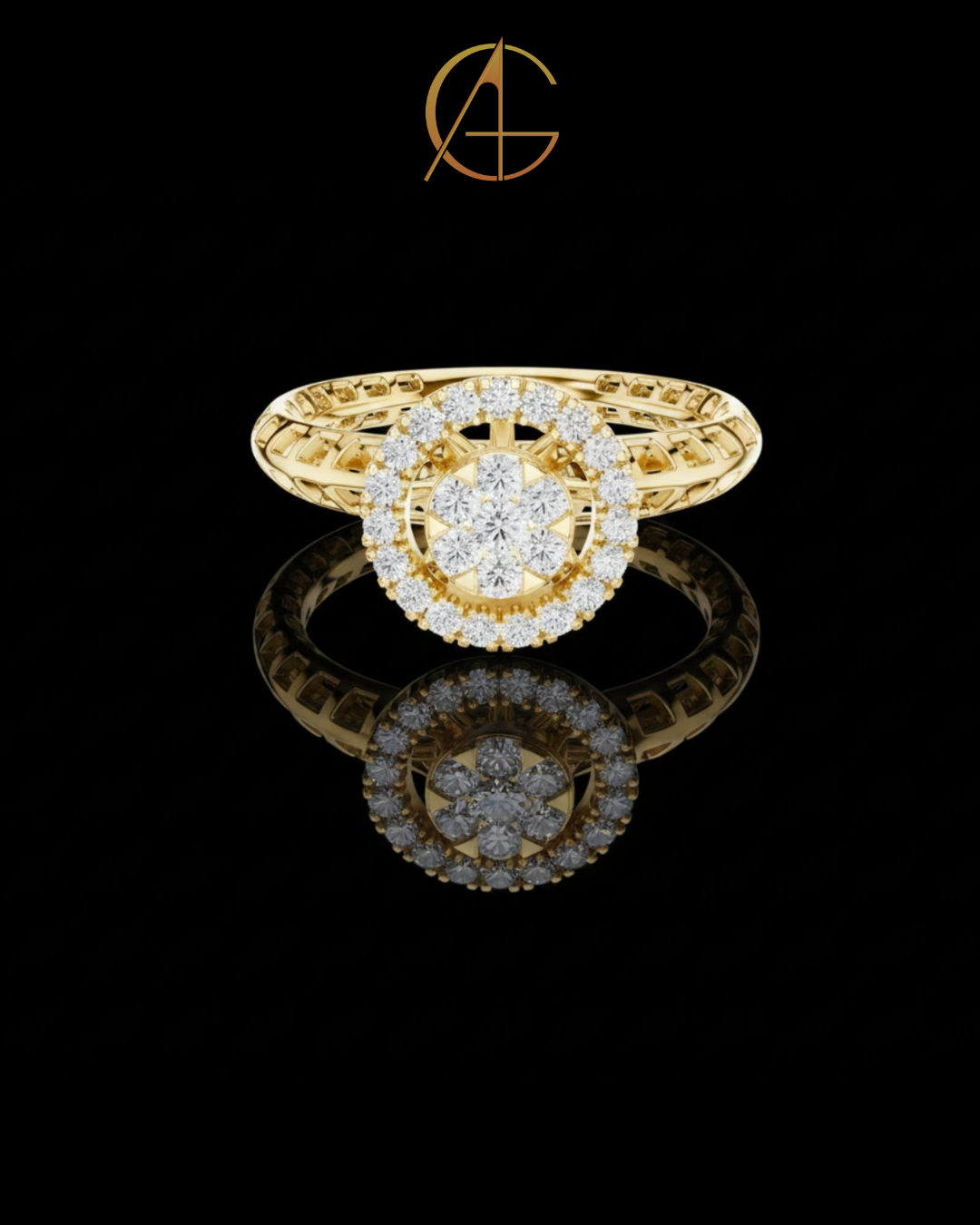 0.35 TCW Floral Cluster Bloom Center with Moissanite Brilliant Double Halo Design Ring