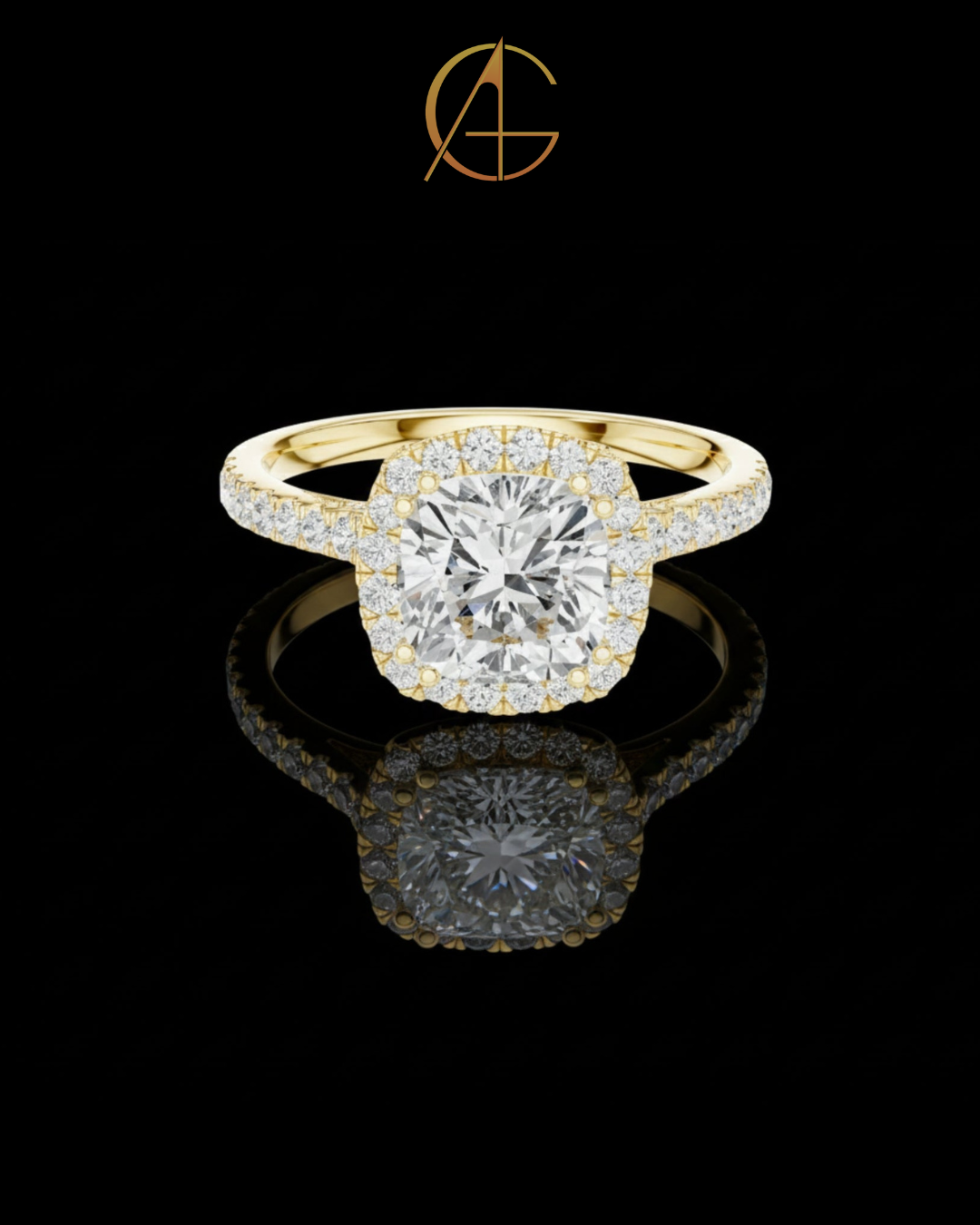 2.00 CT Glimmer Cushion Cut Halo Moissanite Diamond Ring in Gold with Pave Band For Party