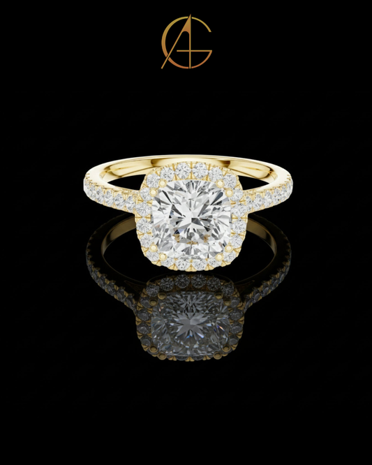 2.00 CT Glimmer Cushion Cut Halo Moissanite Diamond Ring in Gold with Pave Band For Party