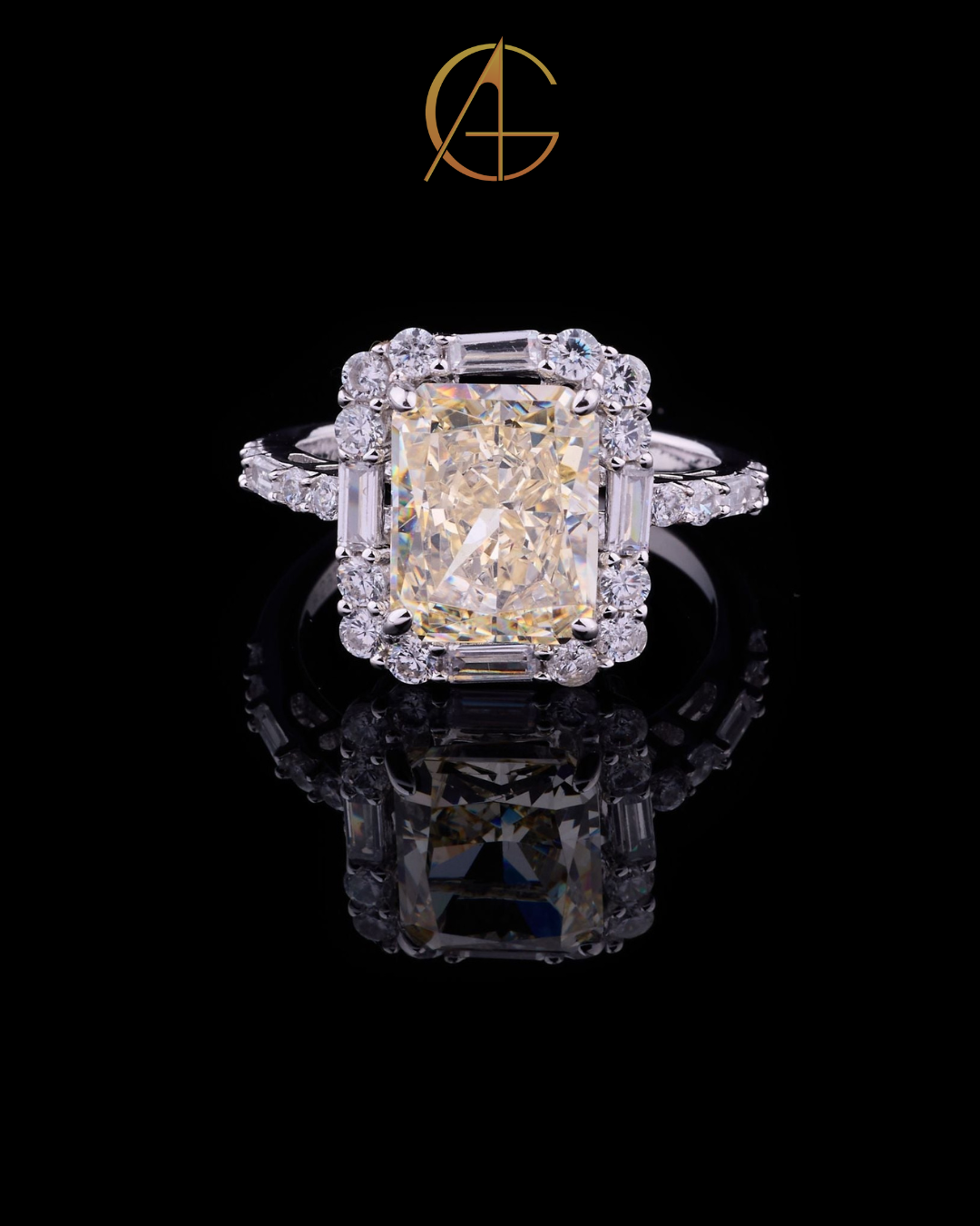1.25 CT Imperial Sun Moissanite Radiant Cut Halo Diamond Ring with Baguette and Round Accents