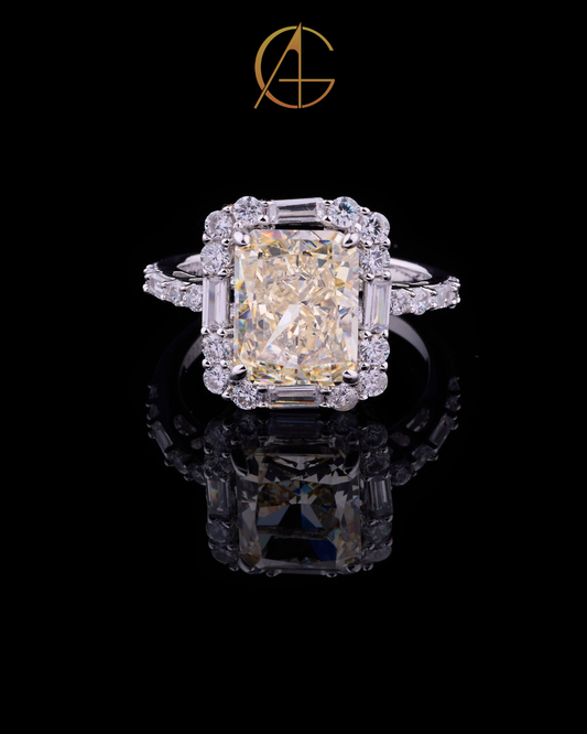 1.25 CT Imperial Sun Moissanite Radiant Cut Halo Diamond Ring with Baguette and Round Accents