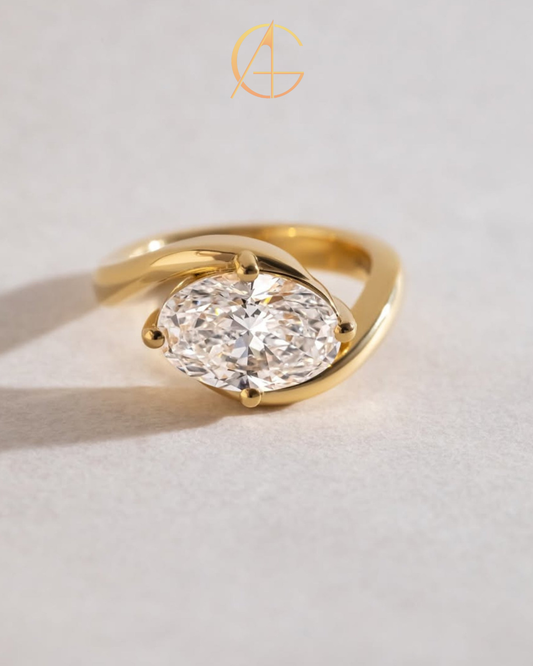 2.5 TCW Opulent Oval Moissanite Solitaire Ring with Sleek Bypass Gold Band and Minimalist High Polish Finish