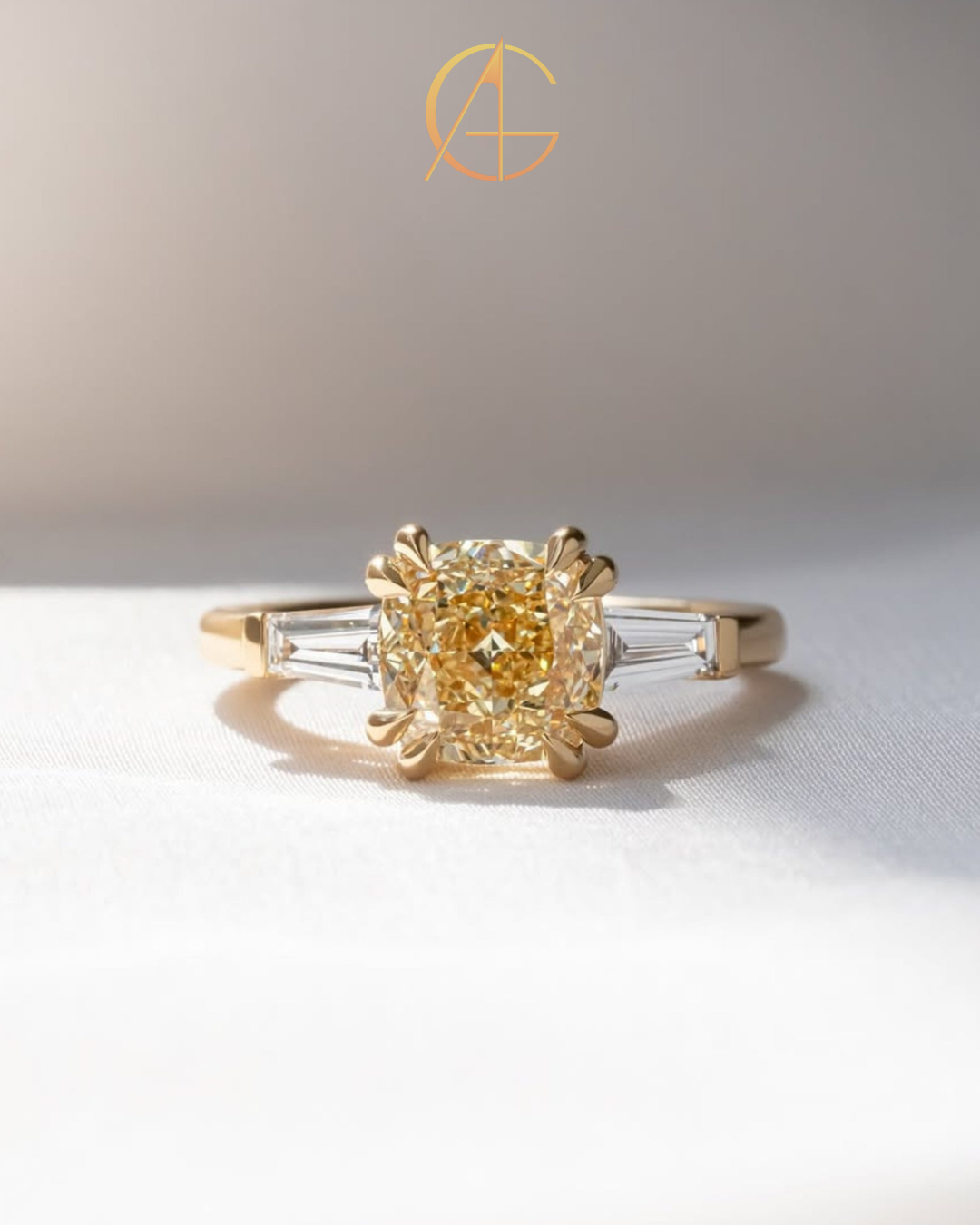 2.50 CT Sovereign Cushion Cut Moissanite Diamond Three Stone Ring with Tapered Baguette Accents in Gold