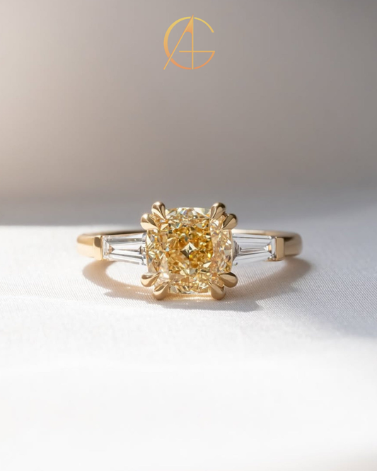 2.50 CT Sovereign Cushion Cut Moissanite Diamond Three Stone Ring with Tapered Baguette Accents in Gold