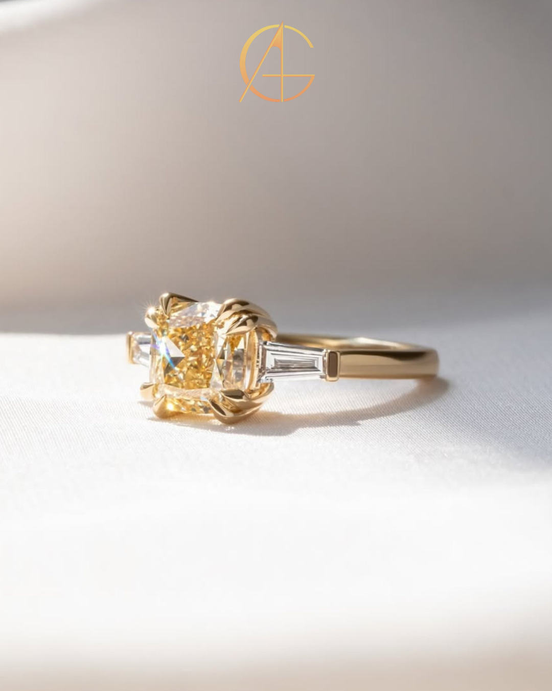 2.50 CT Sovereign Cushion Cut Moissanite Diamond Three Stone Ring with Tapered Baguette Accents in Gold