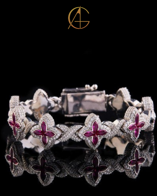 Luxury Ruby Flower Moissanite Diamond Bracelet – Iced Out Floral Design, Elegant Statement Jewelry