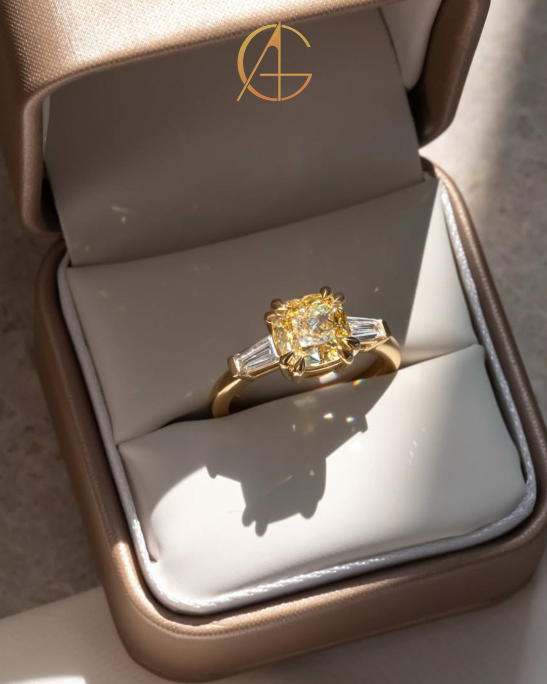 2.50 CT Sovereign Cushion Cut Moissanite Diamond Three Stone Ring with Tapered Baguette Accents in Gold
