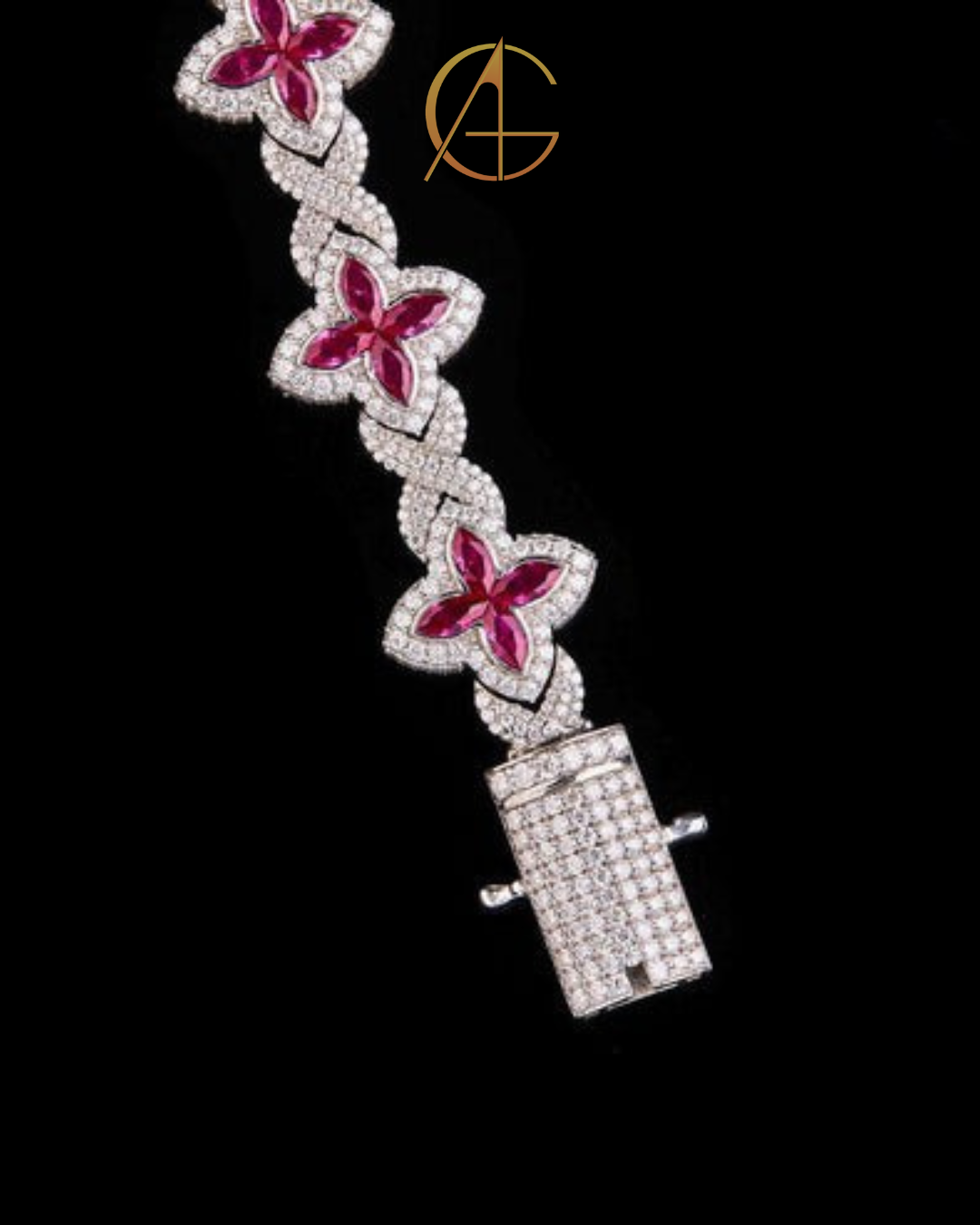 Luxury Ruby Flower Moissanite Diamond Bracelet – Iced Out Floral Design, Elegant Statement Jewelry