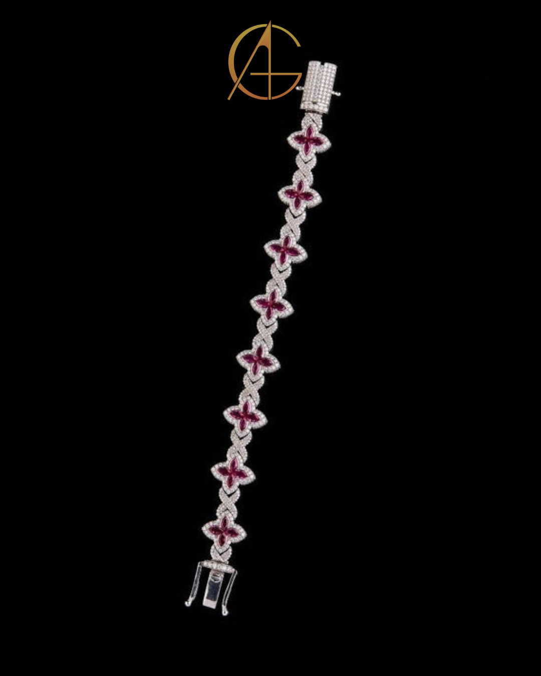 Luxury Ruby Flower Moissanite Diamond Bracelet – Iced Out Floral Design, Elegant Statement Jewelry