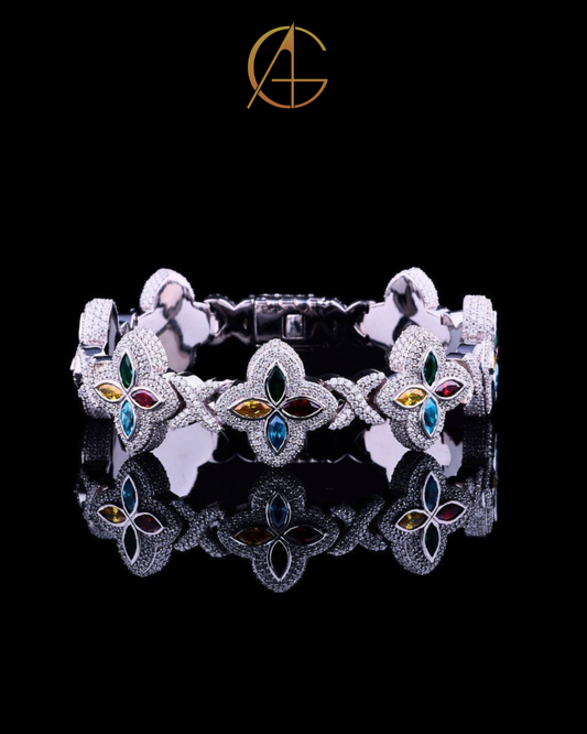 Multicolor Gemstone and Diamond Pave Clover Bracelet in Sterling Silver