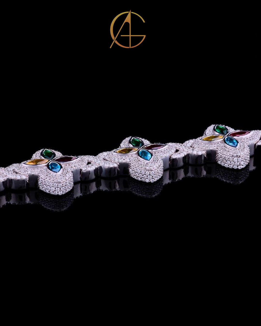 Multicolor Gemstone and Diamond Pave Clover Bracelet in Sterling Silver
