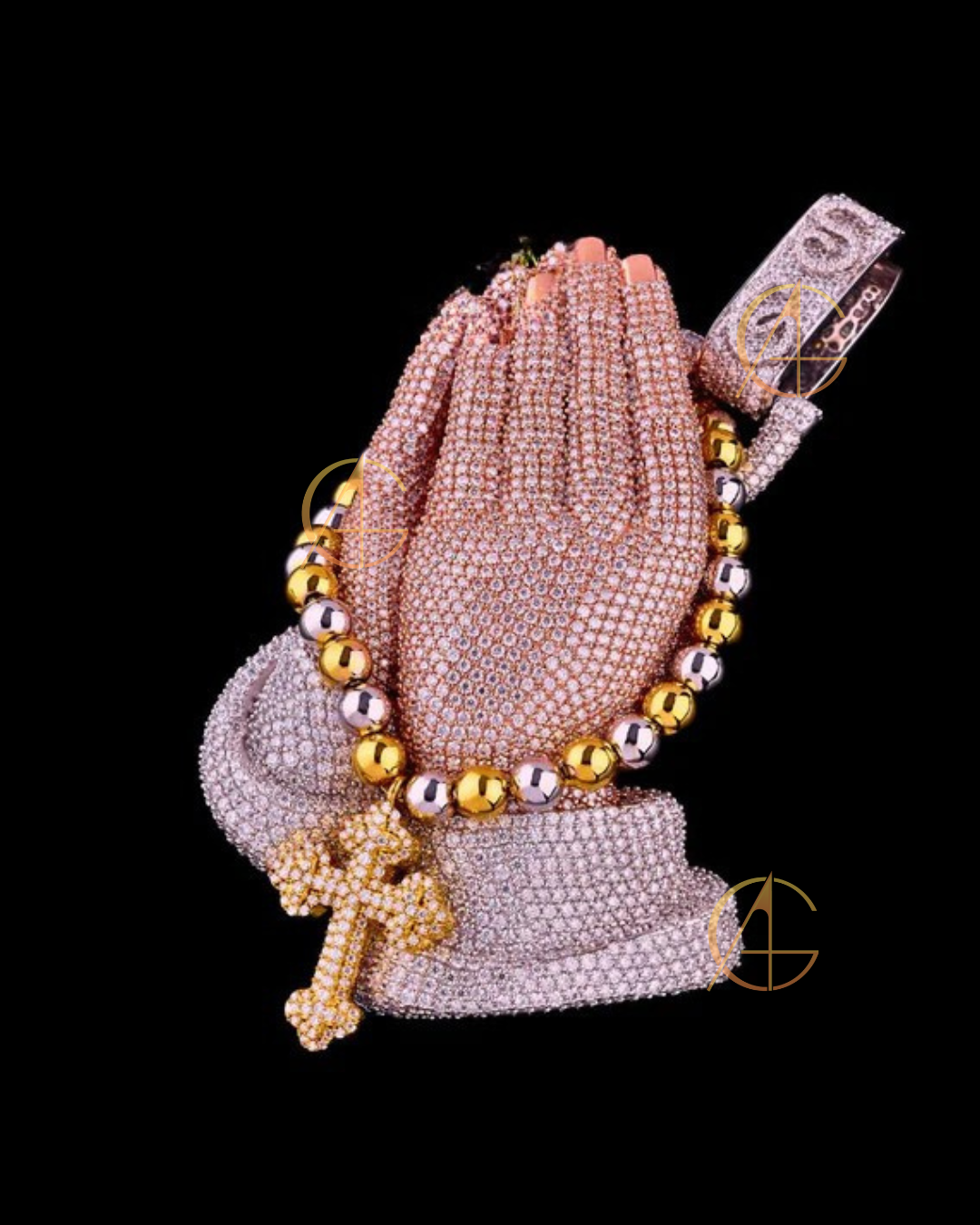 New Moissanite Praying Hands Cross Pendant in three tone By Auren