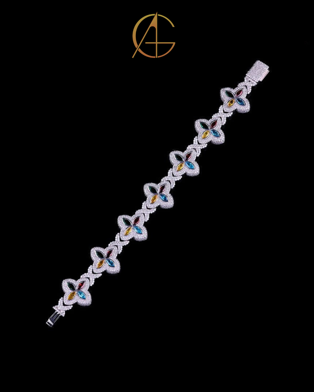 Multicolor Gemstone and Diamond Pave Clover Bracelet in Sterling Silver