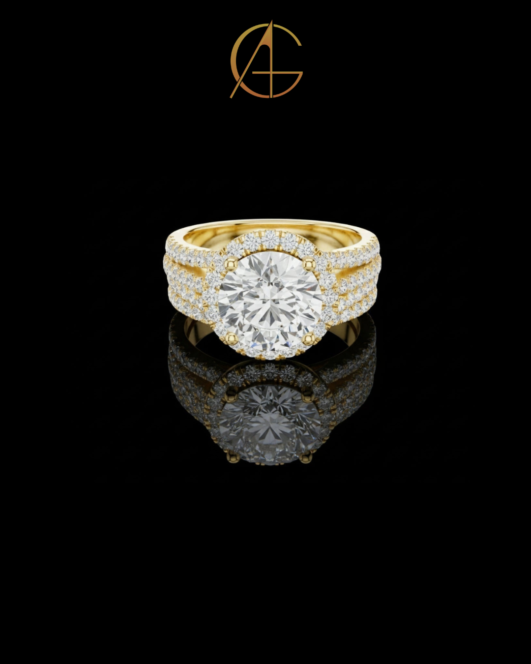 2.5 CT Luxury Gold Halo Ring with Round Brilliant Moissanite Diamond and Triple Pave Band For Her