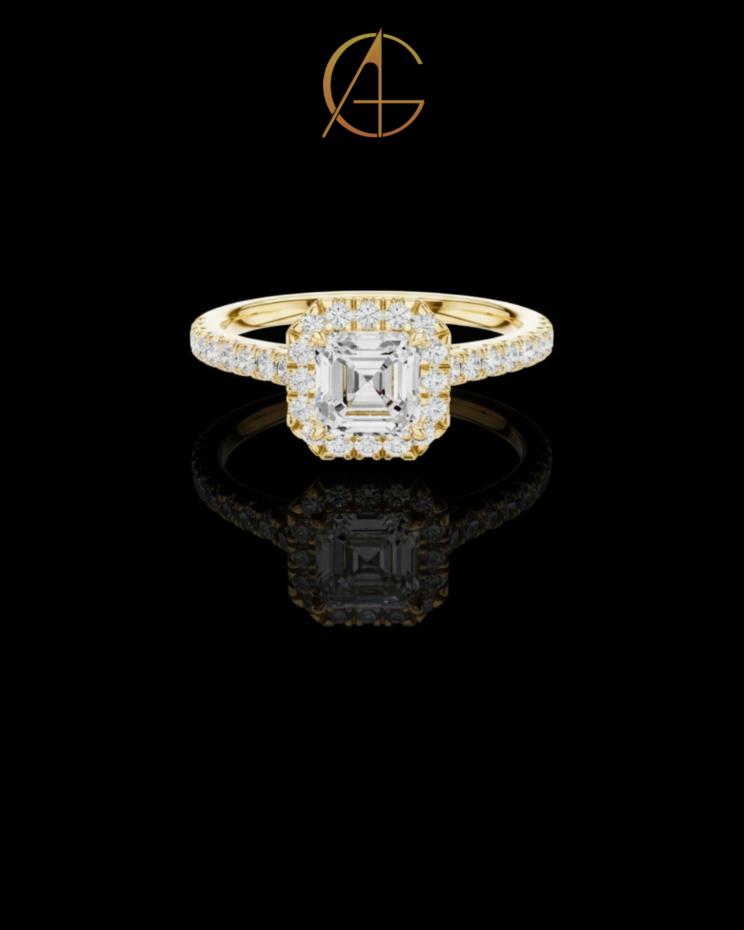 1.00 CT Beautiful Asscher Cut Moissanite Diamond Halo Ring with Pave Set Diamond Band