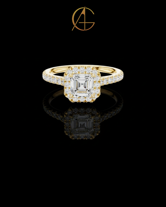 1.00 CT Beautiful Asscher Cut Moissanite Diamond Halo Ring with Pave Set Diamond Band