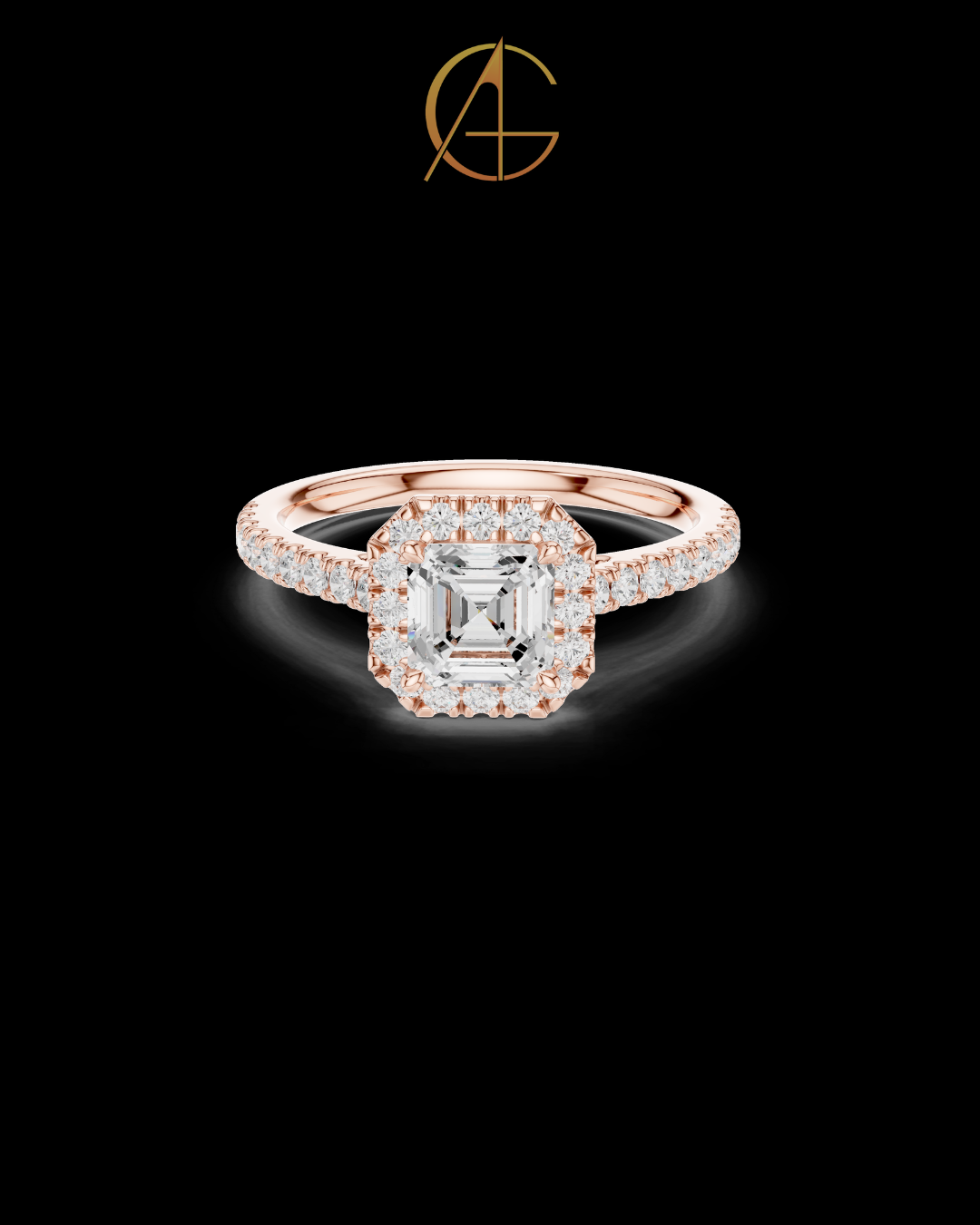 1.00 CT Beautiful Asscher Cut Moissanite Diamond Halo Ring with Pave Set Diamond Band