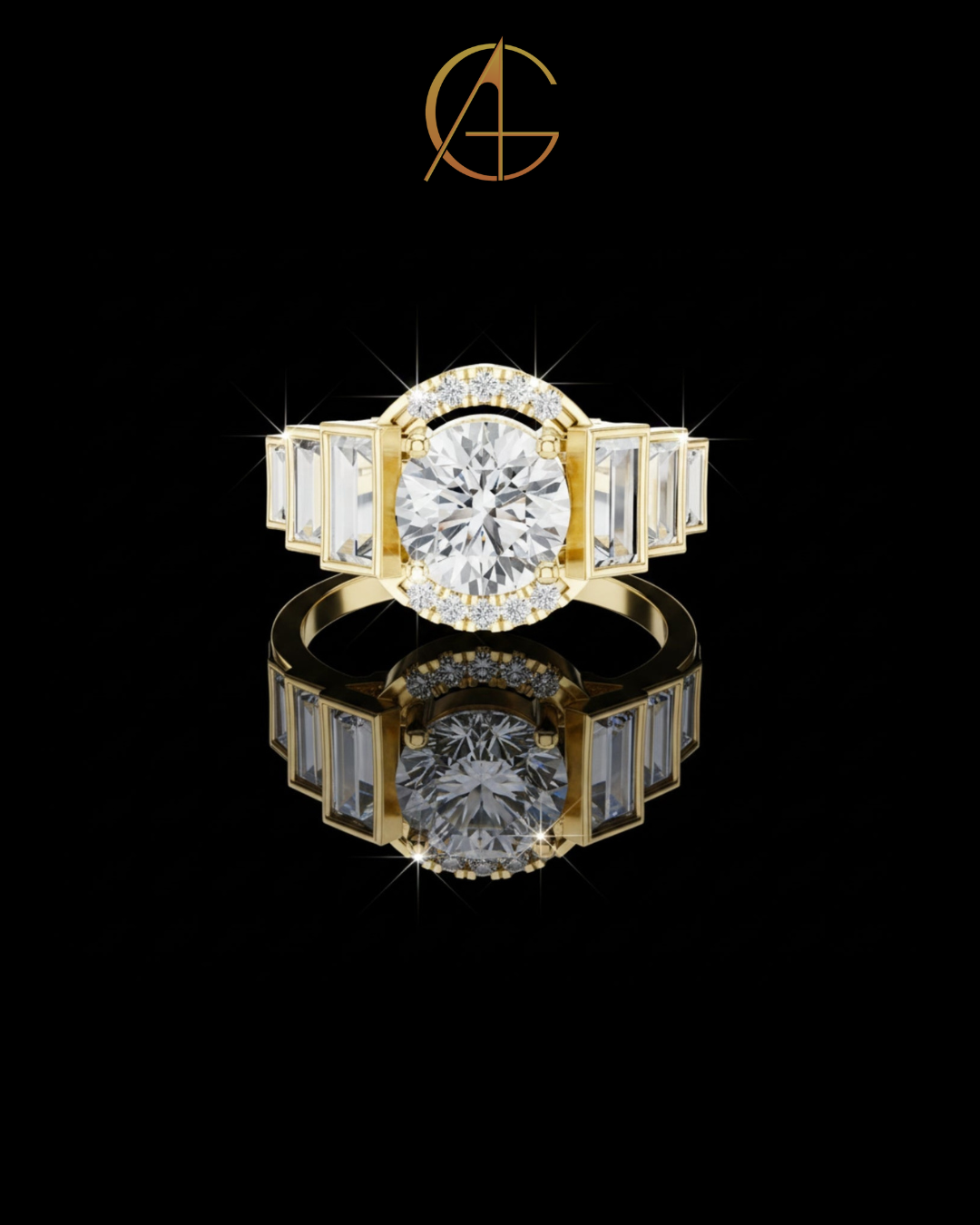 2.00 CT Bold Geometry Round Moissanite Diamond Ring with Baguette Side Frames For Stillness
