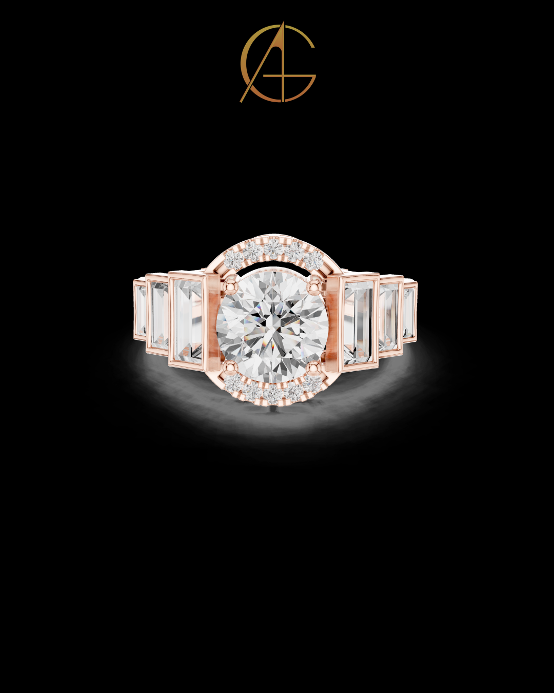 2.00 CT Bold Geometry Round Moissanite Diamond Ring with Baguette Side Frames For Stillness